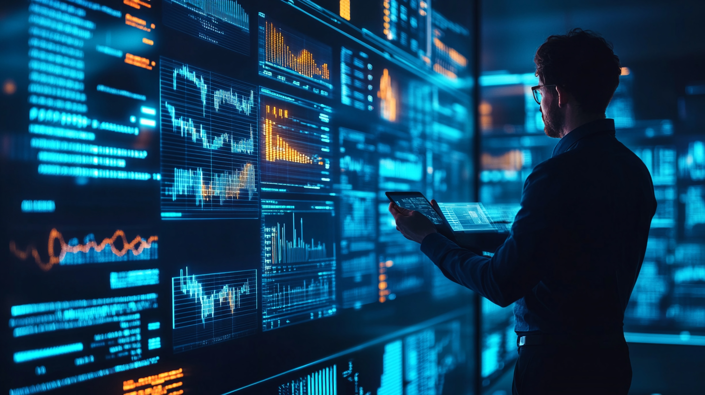 Researcher reviewing large illuminated data dashboards